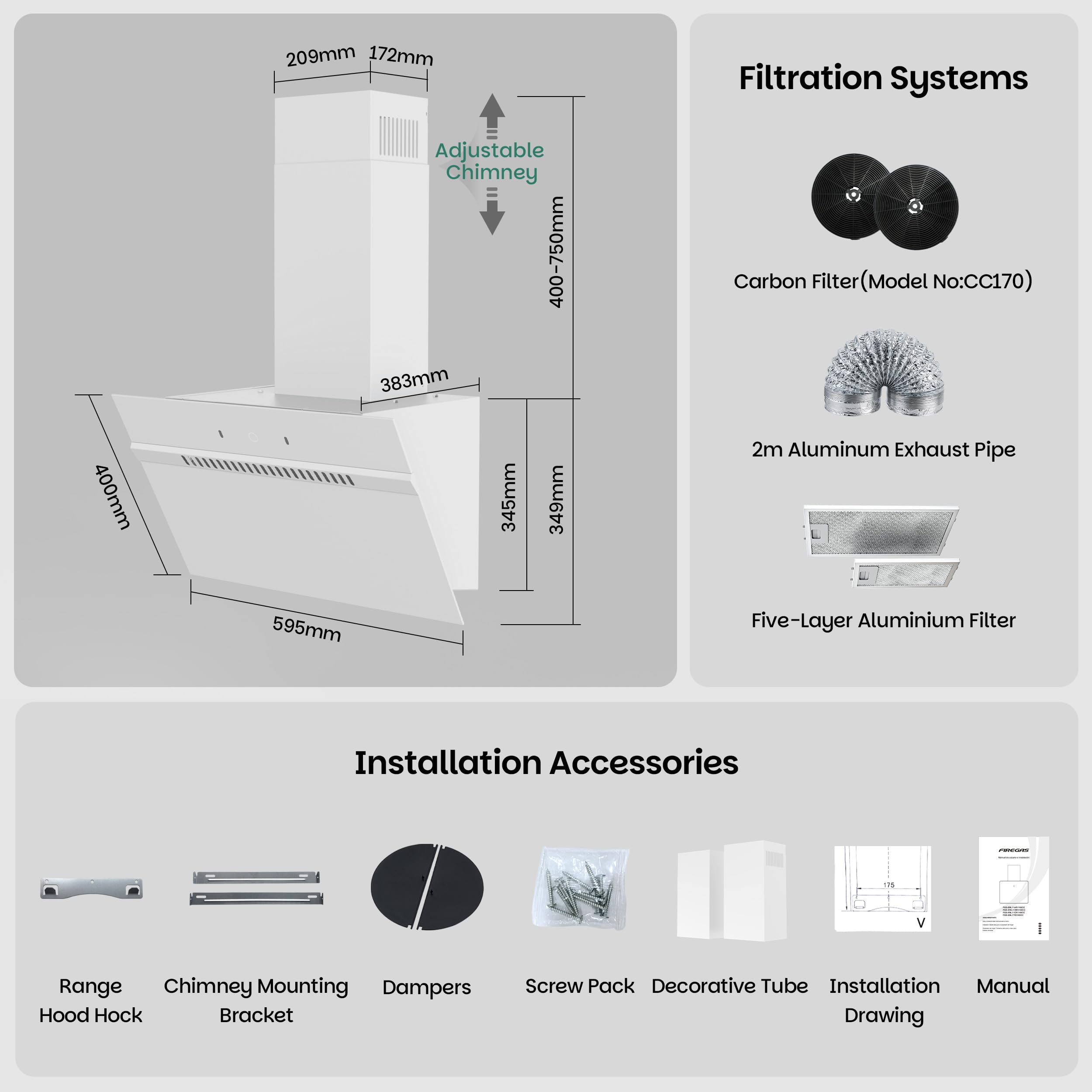 FIREGAS Classe A+++ Cappa Aspirante Inclinata 60cm, 684 m³/h, 9 Velocità, Controllo Touch e a Gesti, Ricircolo ed Estrazione, Cappa Cucina con Filtro a Carbone, Bianco