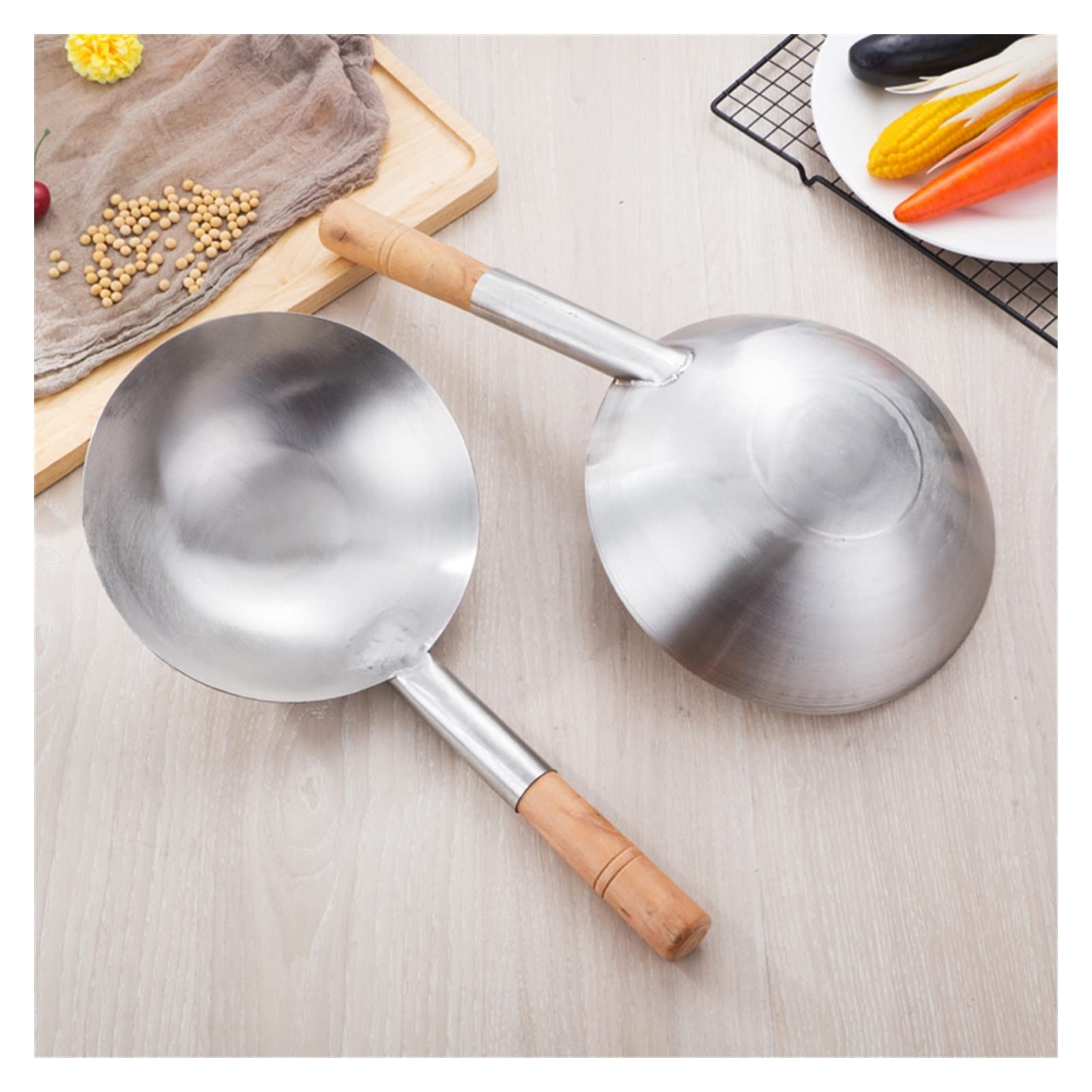 Cucharones Gadgets de Cocina Gruesos Pot de Madera de Madera/Acero Inoxidable sin Recubrimiento Chef Antiadherente cocinando Wok Sopa Grande Cuchara Wok Cuchara sopera (Color : Wooden Handle, Size :
