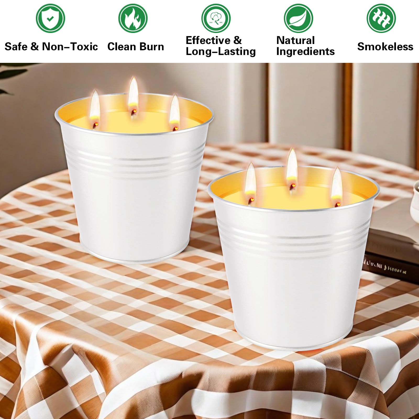 Lot de 2 bougies à la citronnelle d'extérieur de 907,2 g, seau en métal à 3 mèches, durée de combustion de 100 heures chacune, grandes bougies d'extérieur pour patio, maison, intérieur, terrasse