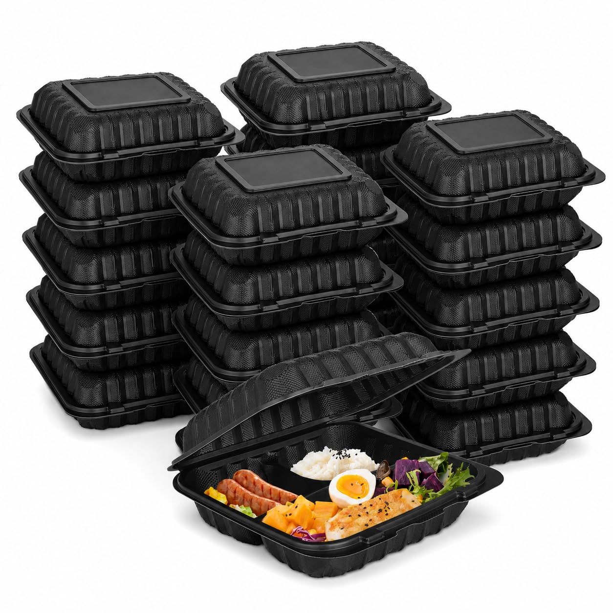 DI QIU REN 75Pack Plastic Clamshell To Go Food Container (75, 8x8-3C-Black)