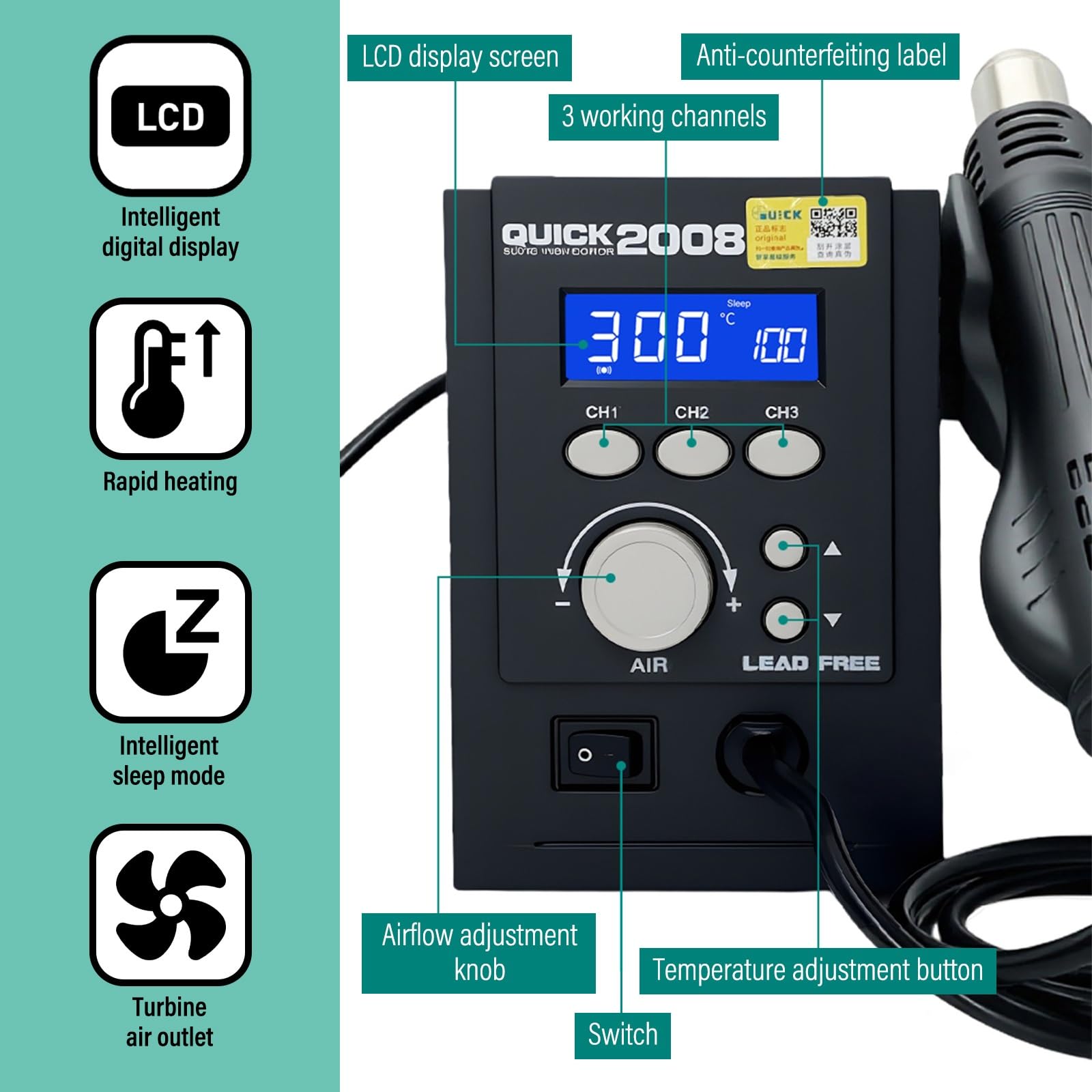 Cyfrowa Stacja Lutownicza 700w LCD Stacja Lutownicza Gorące Powietrze Z Regulowaną Lutownicą I Spiralnym Przepływem Powietrza Do Naprawy PCB I BGA