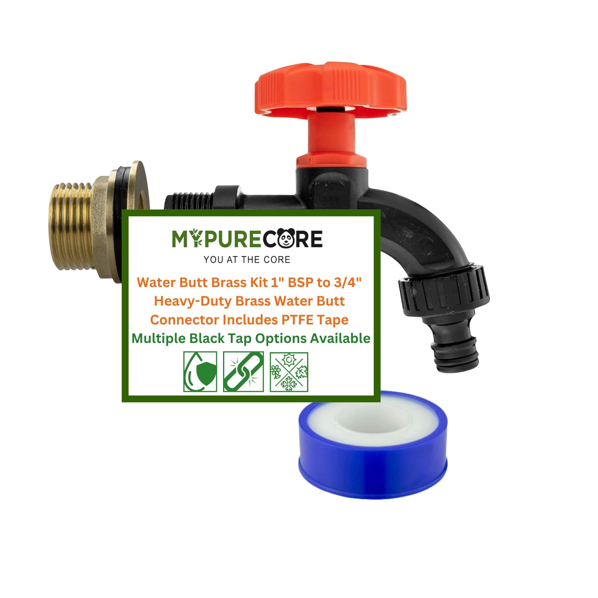 MYPURECORE Water Butt Brass Kit 1" BSP – Heavy-Duty Brass Tank Connector with Black Dial Tap for Rainwater Harvesting, Barrels & Water Tanks (Dial Tap)