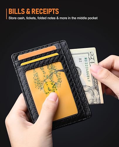 Miniatura 6 de Buffway - Cartera delgada minimalista de cuero con protección RFID para hombre y mujer, Negro), BW-WL-CF-BL