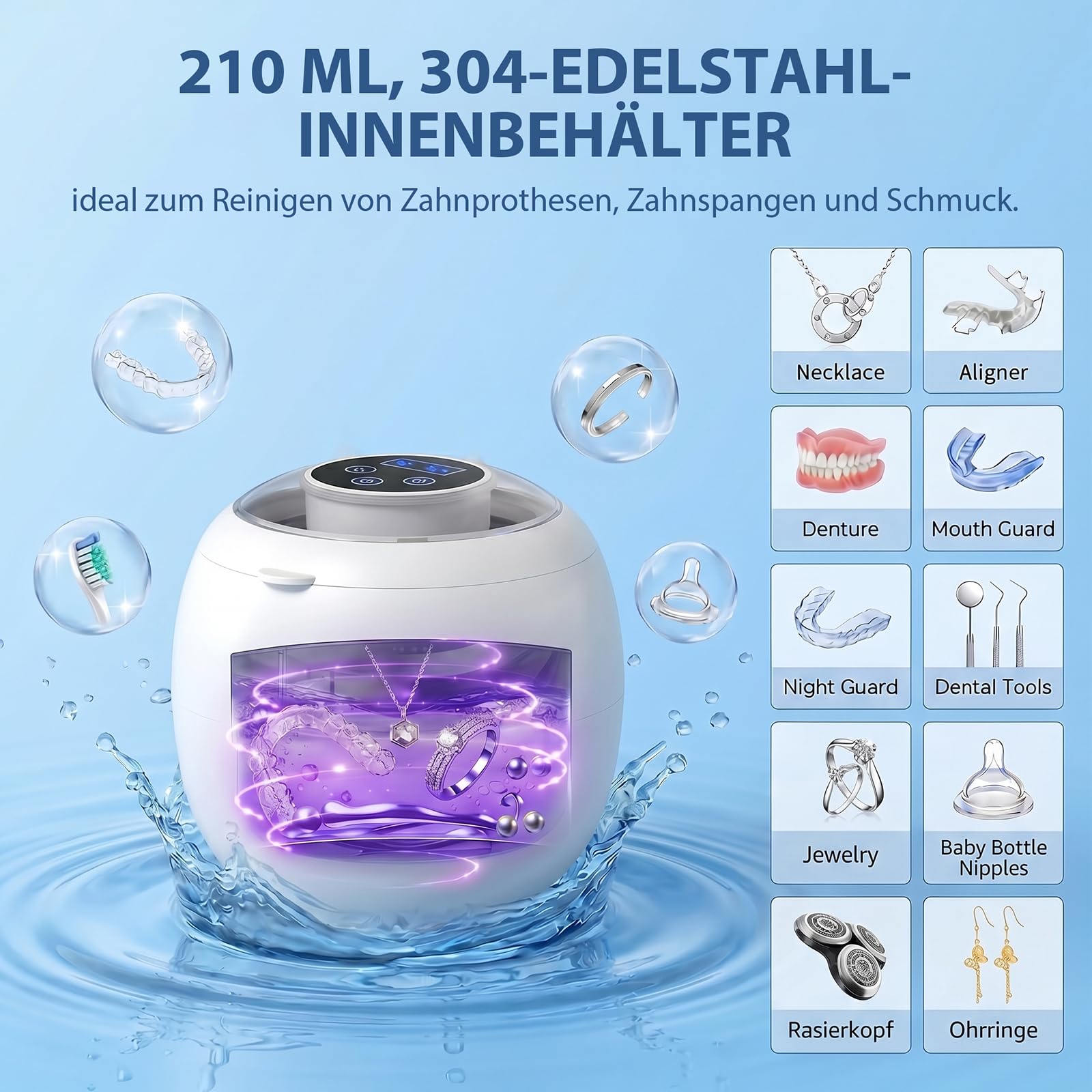 Nettoyeur Ultrasons, 45kHz Rechargeab Ultrasonic Cleaner avec Lampe UV LED, 4 Modes Programmables pour Prothèse Dentaire, Aligneur Adulte, Gouttière, Bijoux Argent, Montres Étanches, Têtes de Rasoir
