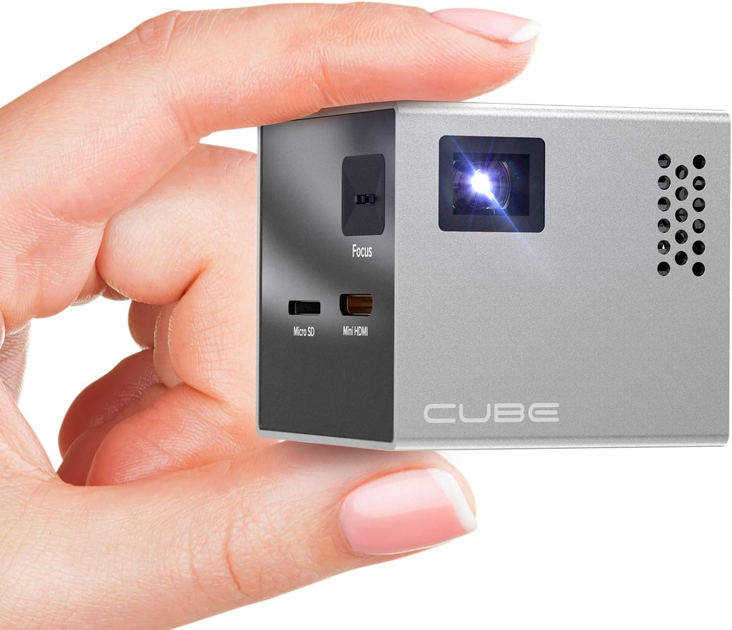 RIF6 Cube 2-inch Mobile Projector with 20,000 Hour LED Light and 120-inch Display, Portable, Rechargeable, includes HDMI Cables and Tripod