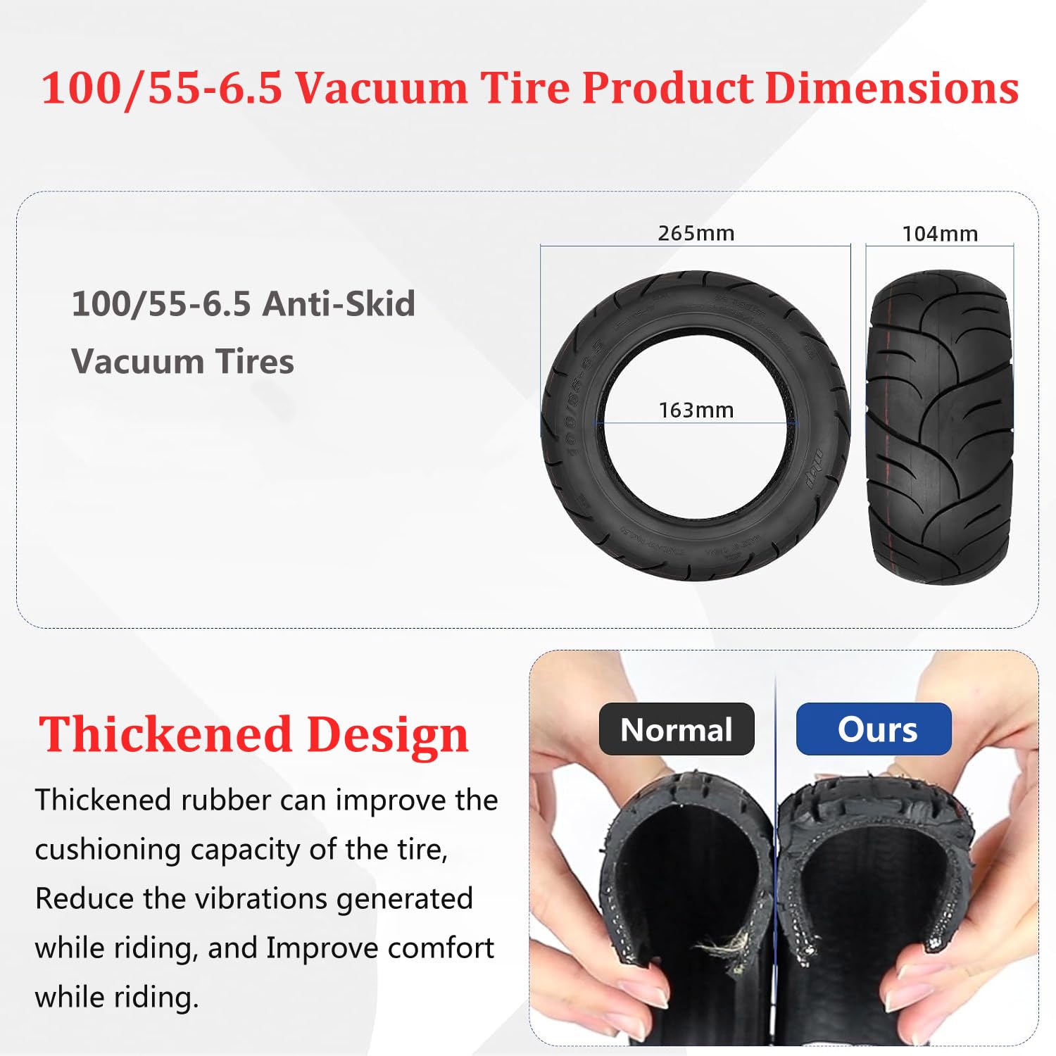 11" 100/55-6.5 Neumático tubeless autoinflable, más ancho y grueso, para scooter eléctrico, delantero y trasero, con pegamento autorreparable y a prueba de explosiones