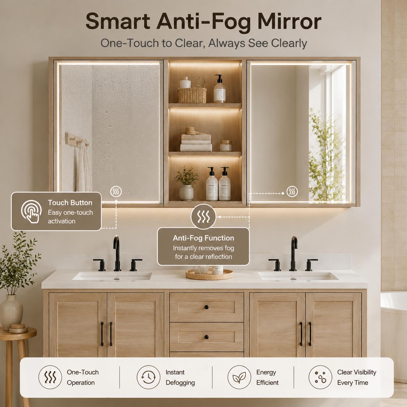 Moderno doppio lavabo galleggiante da bagno – Design a parete con specchio anti-appannamento, spazioso Sto in legno massello, facile da installare e funzionale