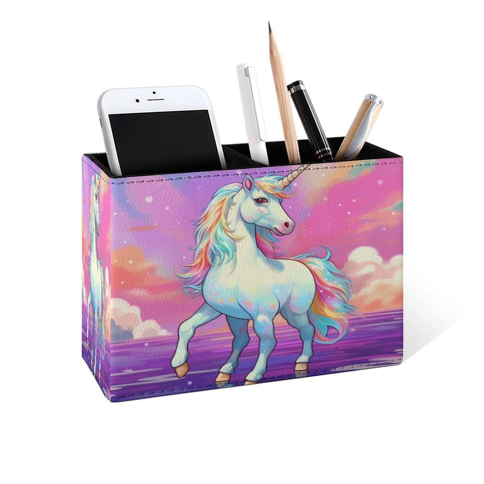 Famame Unicorn Rainbow Pencil Holder for Desk, Leather Desktop Container Pen Cup Storage Study Table Pen Organizer Makeup Brushes Holder for Office Home