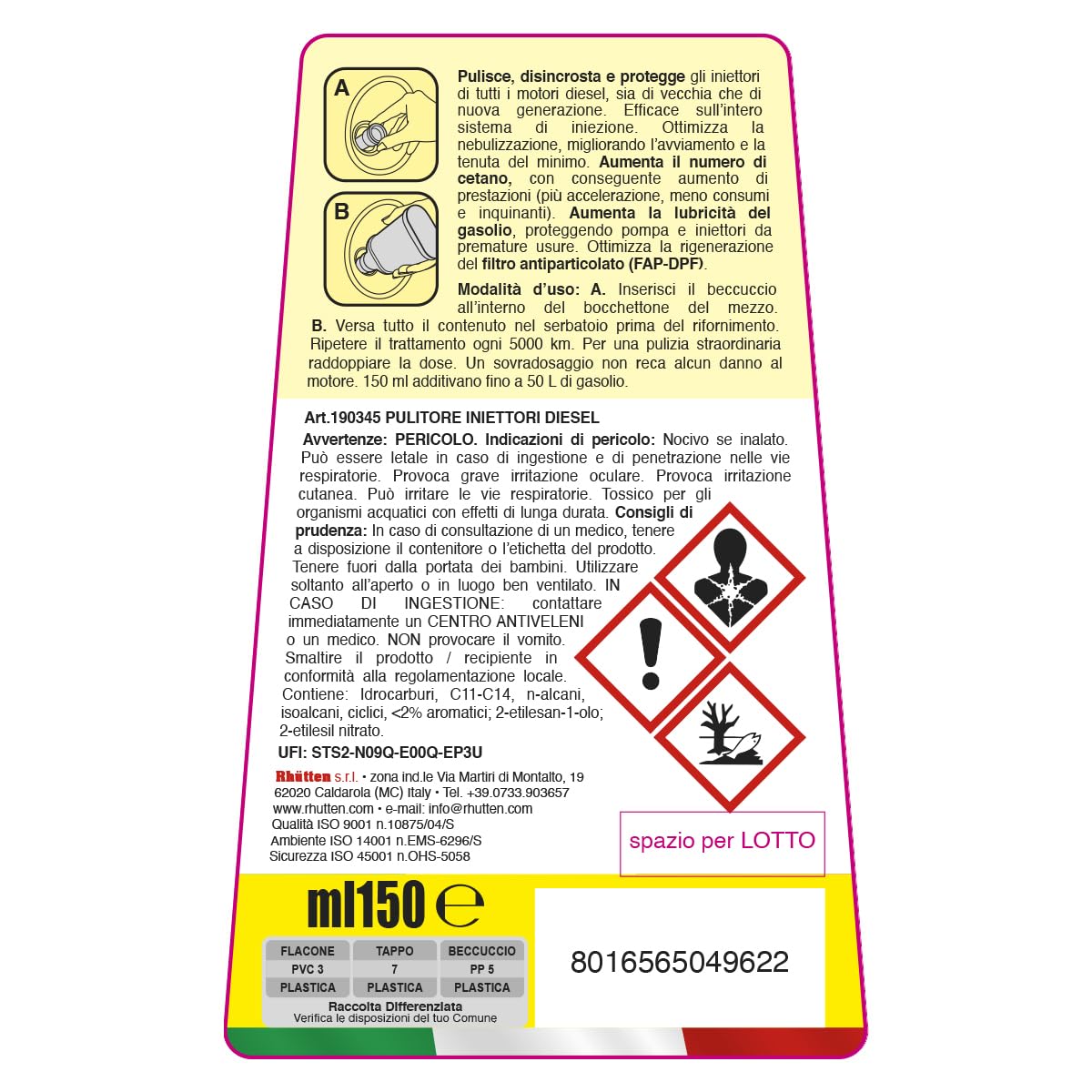Rhutten, Pulitore Iniettori Diesel, Monodose Superconcentrata, Trattamento Con Cetano, Migliora le Prestazioni, Riduce Consumi, 150ml