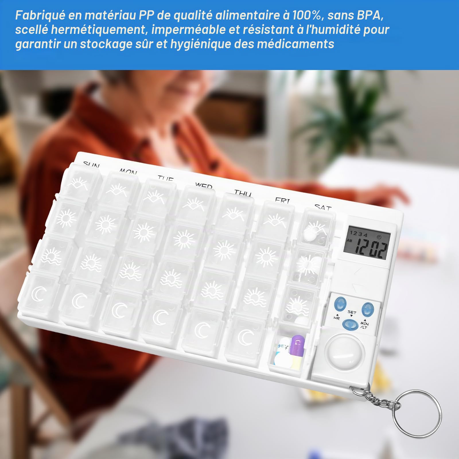 Sporgo Pilulier 7 jours avec alarme : pilulier 4 compartiments, boîte à médicaments 7 jours avec minuterie et rappel de réveil, distributeur de comprimés portable organisateur de médicaments
