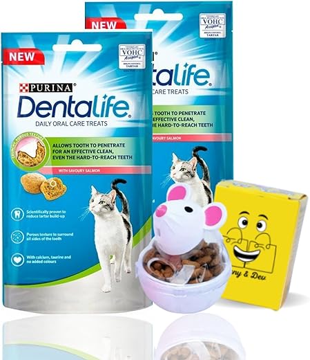 Cat Dental Treats Bundle │Includes: │ Purina Dentalife Salmon Treat for Cats/Cat Dental Biscuits (2 x 40g)│and Cat Treat Toy/Cat Puzzle Feeder (Mouse Shape Interactive Food…