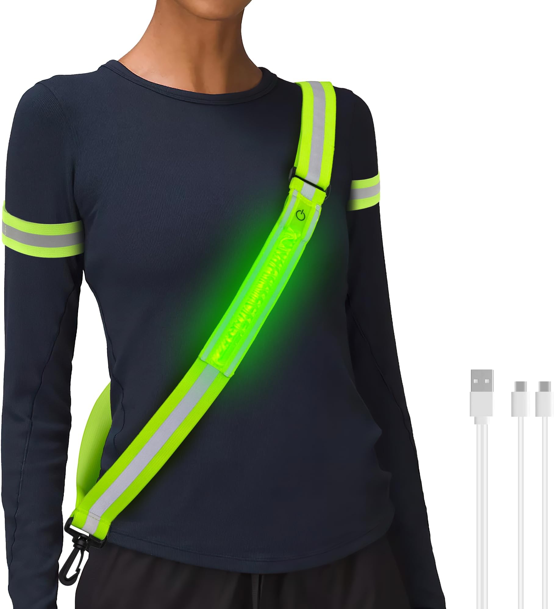 HENMI LED Reflective Belt Sash with Two Arm Reflective Tapes,3 Light Modes Adjustable Length Rechargeable Reflective Running Gear for Men Women Running Cycling Walking and Dog Walking