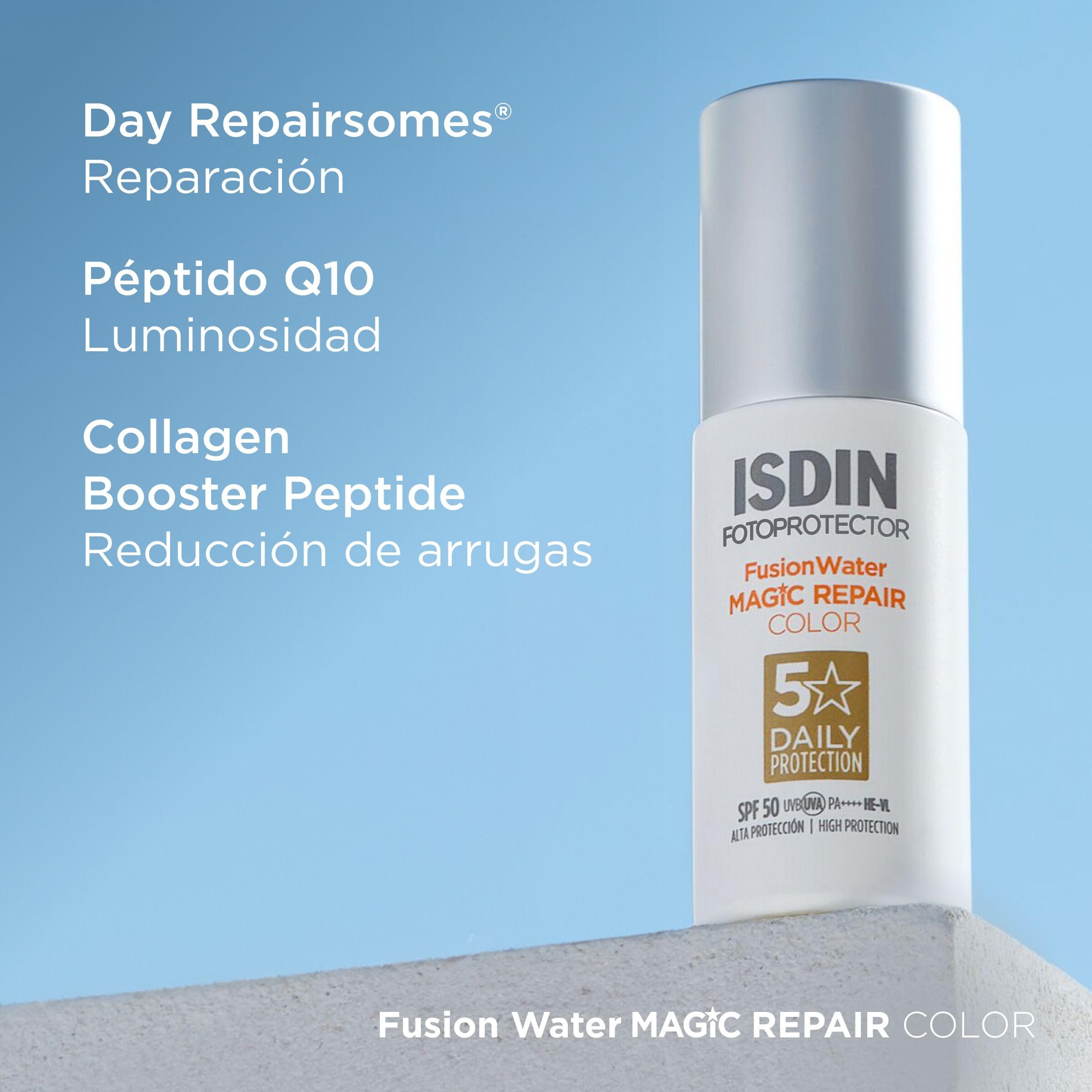 ISDIN Foto Protector Magic Repair Fusion Water Color SPF 50 - Protector solar facial con color de fase acuosa, triple acción anti-fotoenvejecimiento, 50 ml