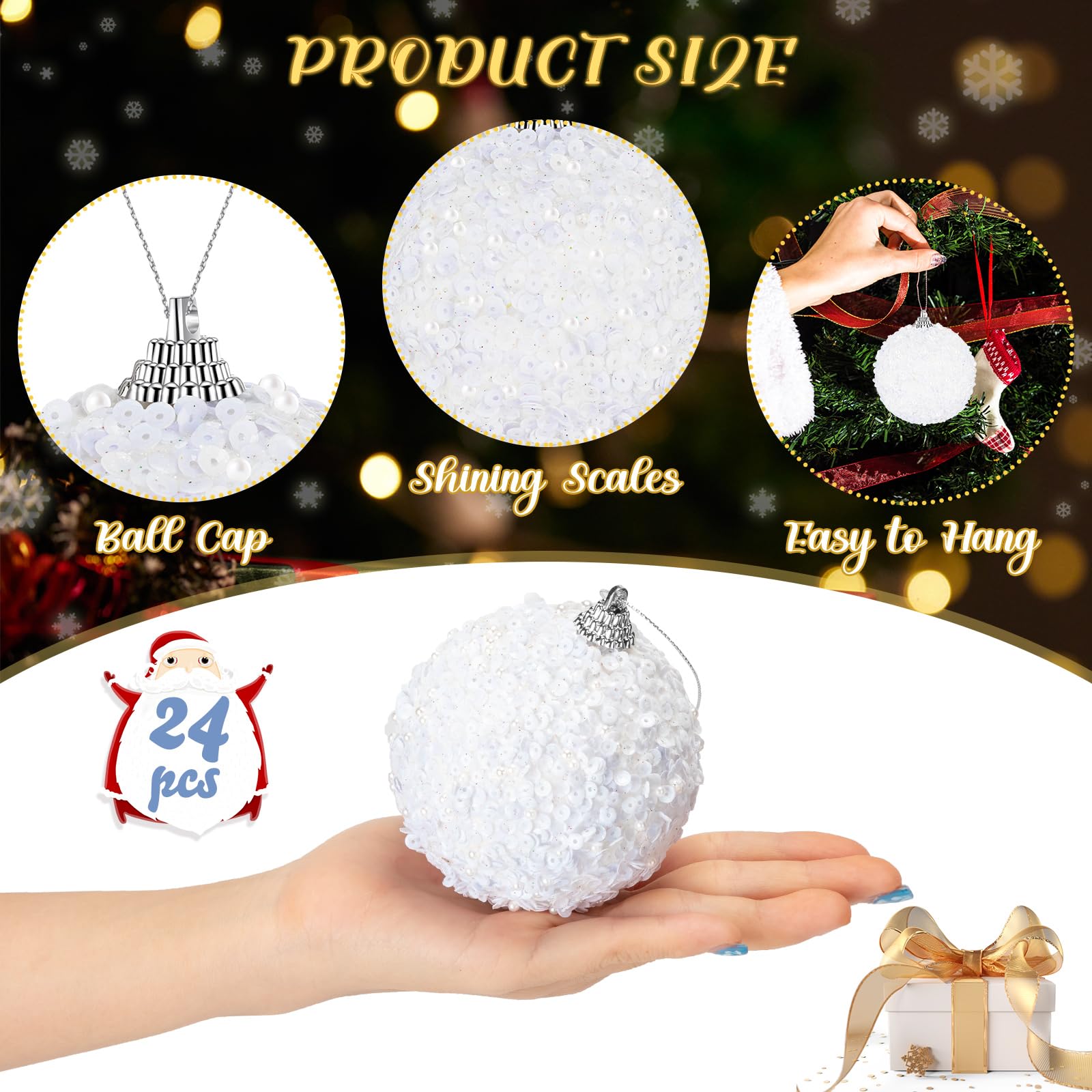 Liliful 24 adornos de bola de Navidad de 3.15 pulgadas con purpurina, decoraciones de árbol de Navidad, adornos colgantes grandes de Navidad para árbol de Navidad, boda, hogar, mesa, fiesta,