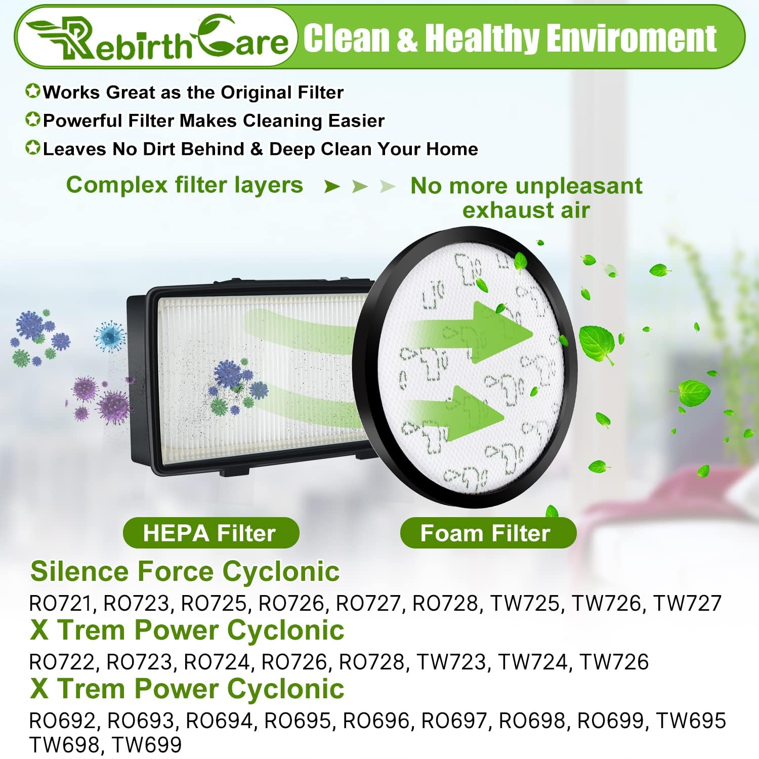 2 Filtri Per Rowenta X-Trem Power Cyclonic Serie RO69xx E RO72xx,RO6941EA, RO6963EA,RO6921EA, RO6971EA, RO6993EA,RO7230EA,RO7260EA Filtri Di Ricambio,Codice Articolo ZR006001 - 6