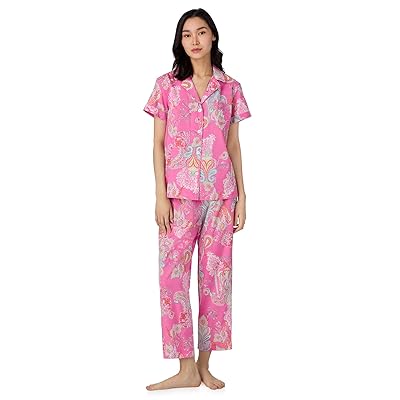 Lauren Ralph Lauren Short Sleeve Notch Collar Cropped Pant PJ Set Women