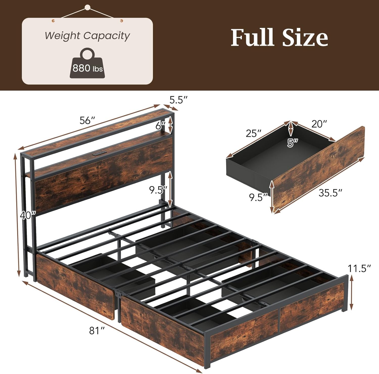 Giantex Full Size LED Bed Frame with Charging Station & 4 Storage Drawers, Heavy Duty Metal Platform Bed with 2-Tier Storage Headboard, Noise Free, No Box Spring Needed, Rustic Brown