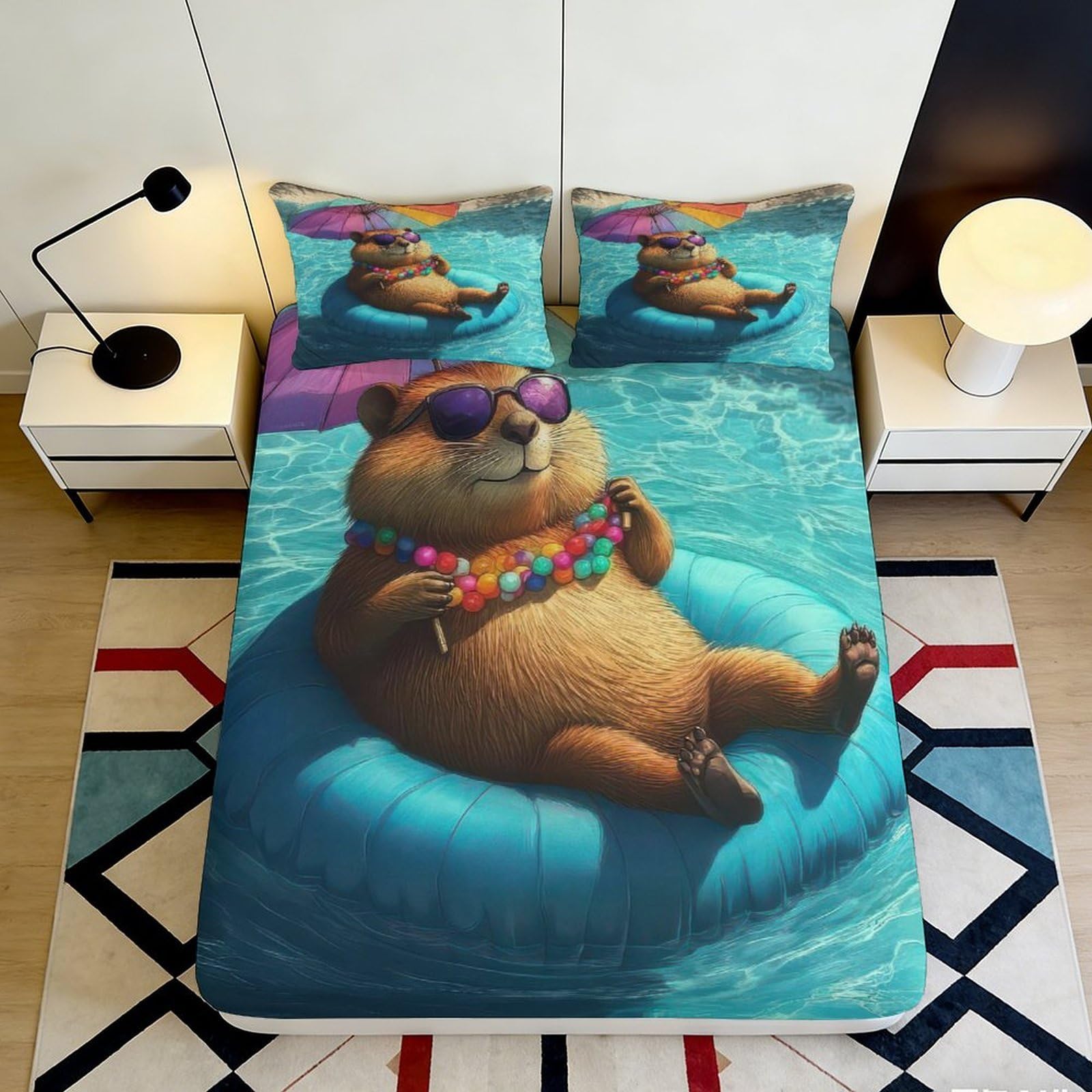 3D Printed Pool Relaxing Hamster Fitted Sheet Microfiber Anti-Slip Mattress Cover Cartoon Animal Bed Decor 90x200x25cm