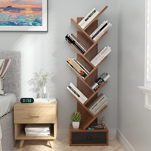 Miniatura 4 de IFANNY Estantería de árbol con cajón, estantería geométrica de 59 pulgadas, estantes altos y estanterías de almacenamiento de madera, estante