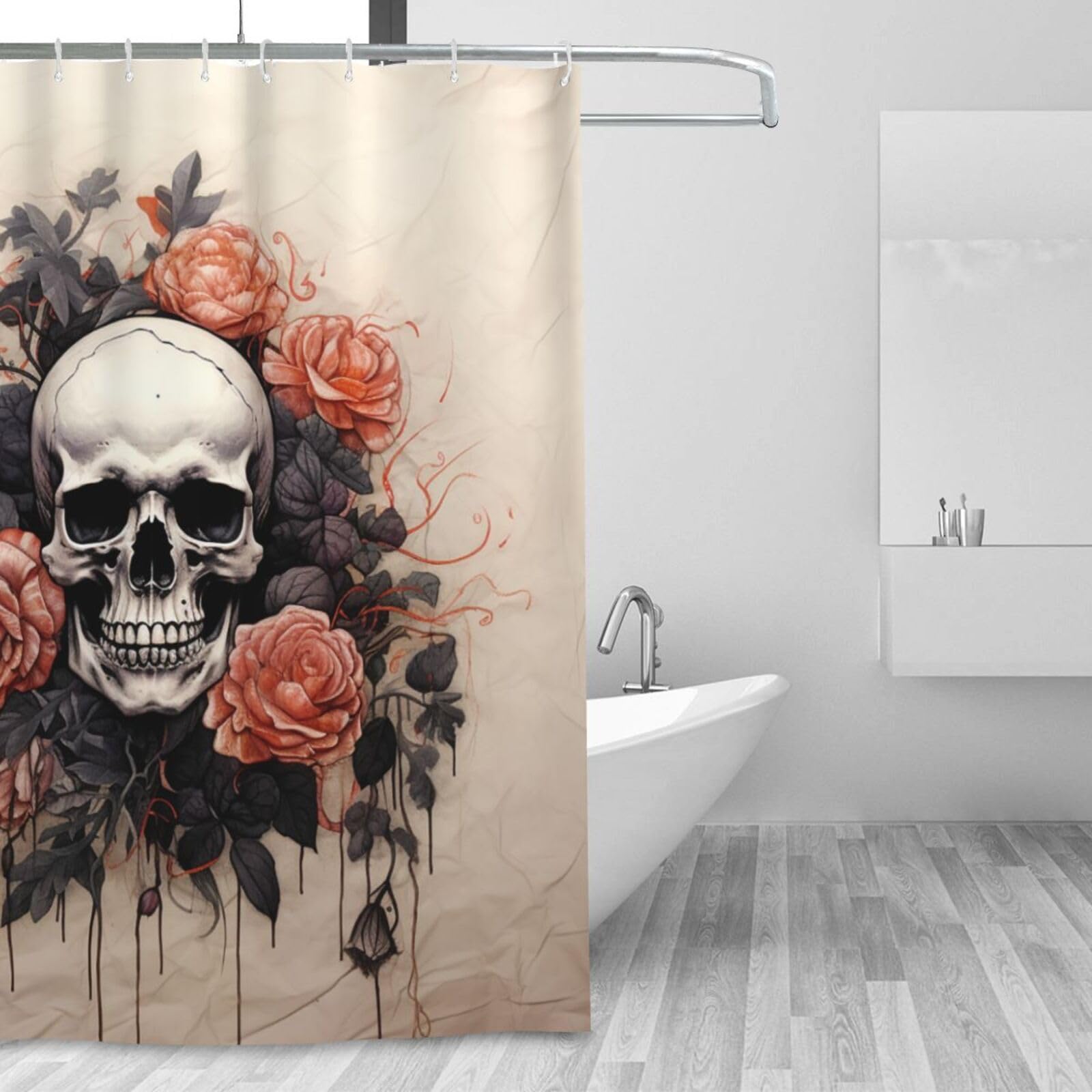 Rideau de douche Crâne et Fleurs 183x183 cm lavable avec 12 crochets pour salle de bain gothique chic