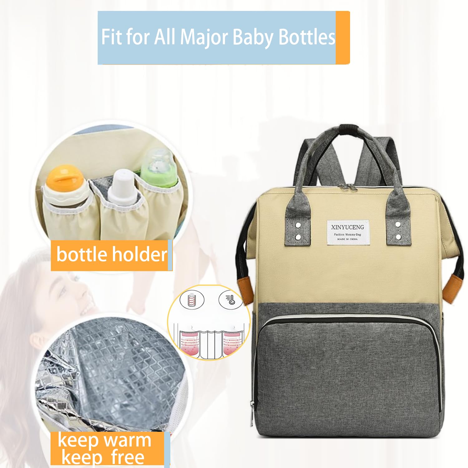 ONOODE Fashion Diaper Backpack Waterproof Mommy Bag, Large Capacity Diaper Bag Travel Multi-functional Backpack Baby Boy Girl Tote (Grey&Beige)