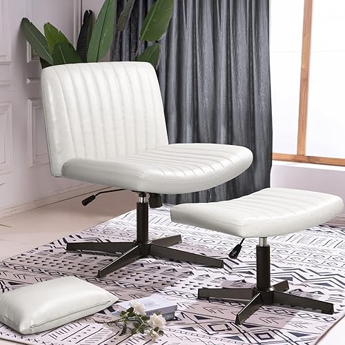 Miniatura 1 de PUKAMI Silla de escritorio sin brazos, sin ruedas, con otomana, acolchada de piel sintética, moderna silla giratoria de oficina en casa, asiento