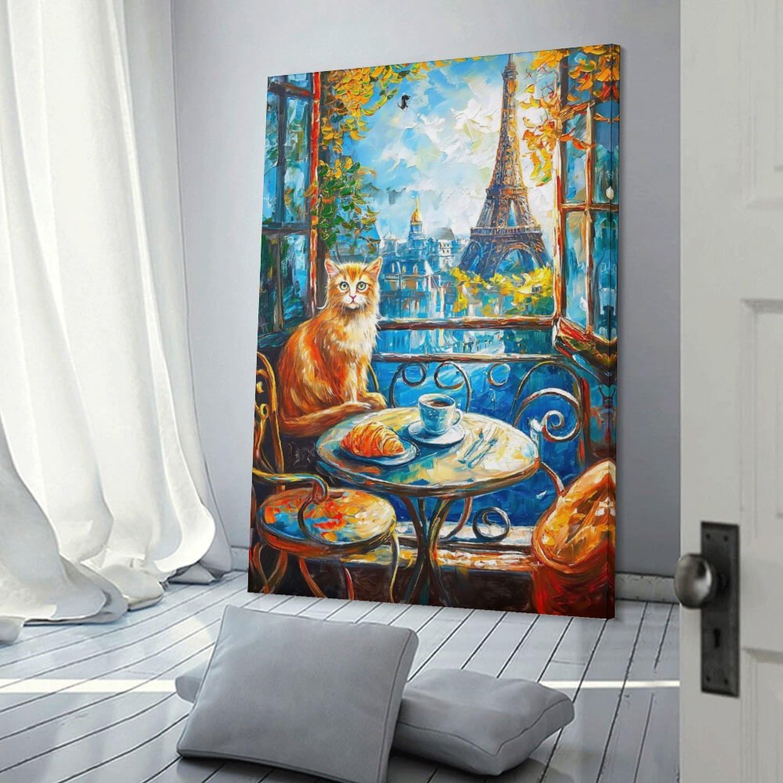 Wall Art Print Cat with Eiffel Tower View Painting, 24x36inch(60x90cm), for Bedroom Decor, Cosy Corners Or Studios, Decorative Wall Art for Cosy Rooms