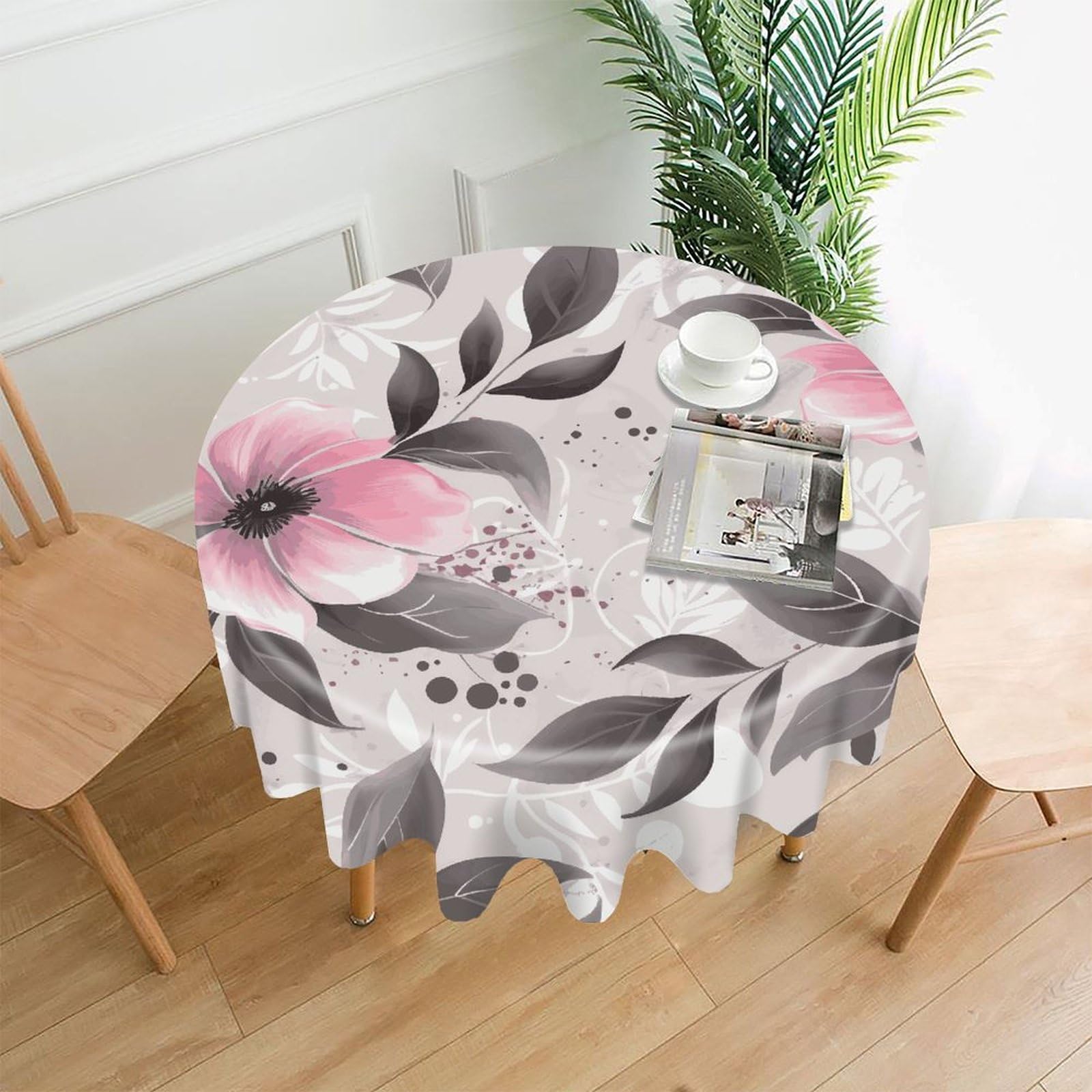 FekiLoot Pink Flowers and Leaves on Gray Round Tablecloth Cover 60 Inch Wrinkle Free Washable Polyester Fabric Table Cover Decorative Round Table Cloth for Home Dining Kitchen Party Farmhouse