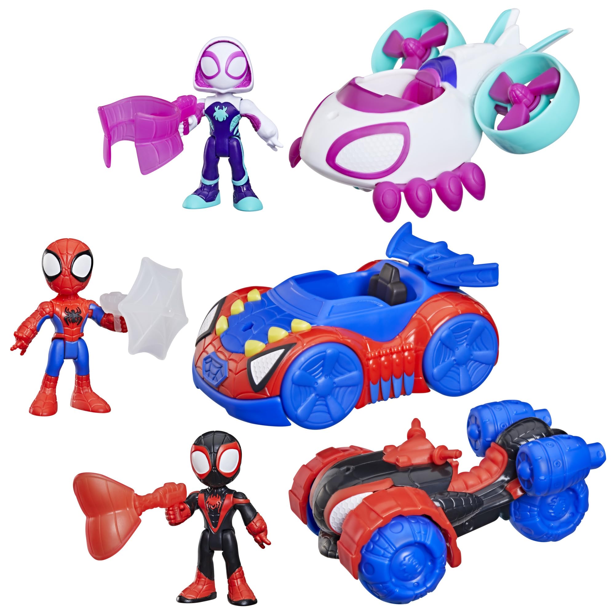 Marvel Spidey and His Amazing Friends, Pack Triple de Figuras y vehículos de Juguete, 3 Figuras articuladas de 7,6 cm, 3 vehículos, 3 Accesorios, Juguetes de superhéroes, A Partir de 3 años