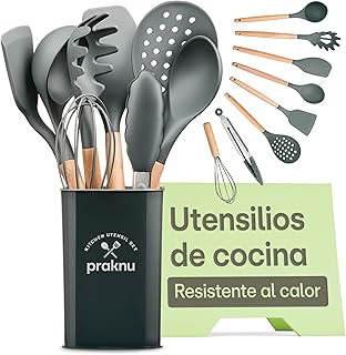 Utensilios de Cocina de Silicona Madera, 8 Piezas de Accesorios de Cocina de Silicona Resistente al Calor - Certificado por la FDA para Alimentos - Gris