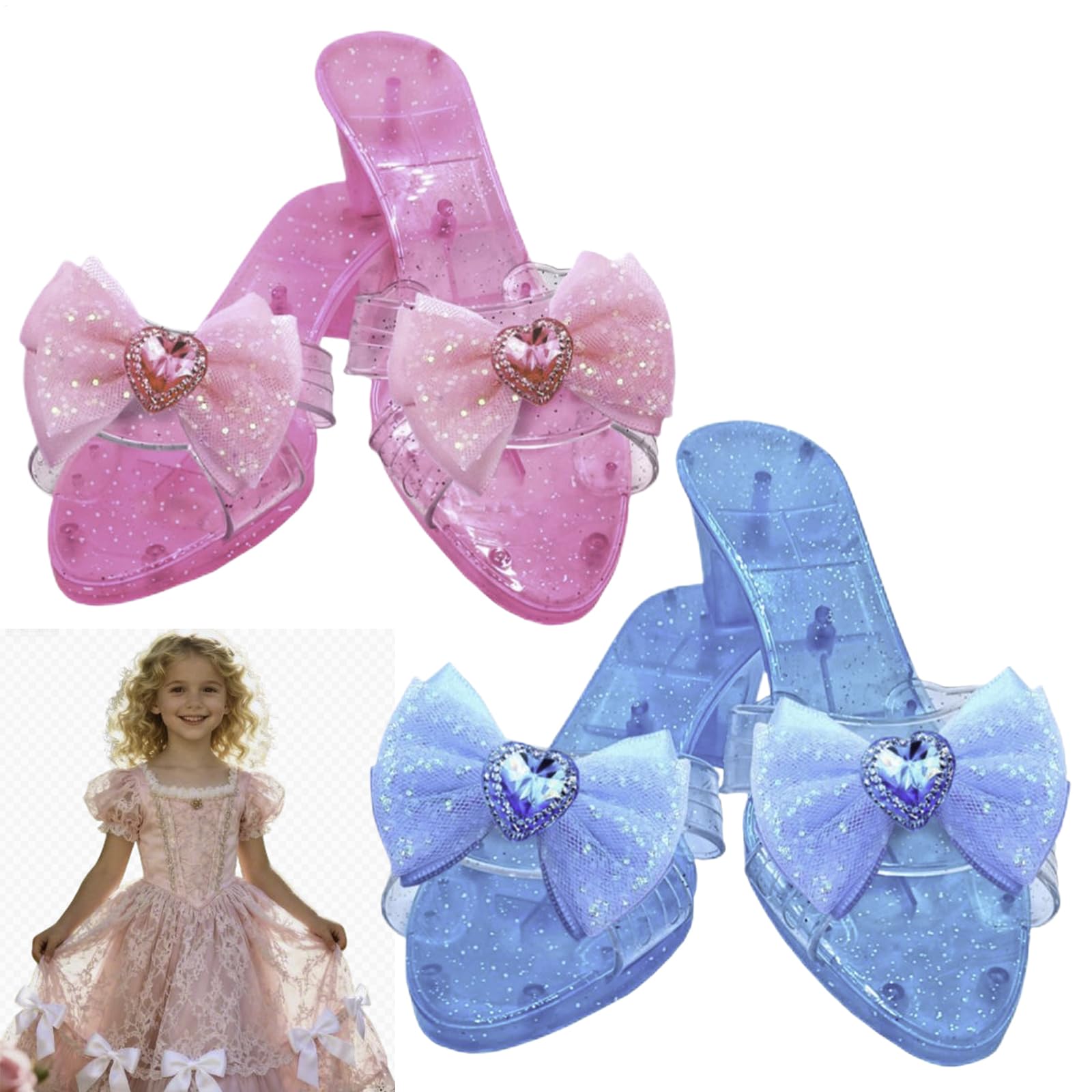 2 Pair Princess Shoes, Girls Dress Up Shoes, Princess Dress Up Crystal Shoe, Kids Cosplay Prop High Heels, Girls Dressing Ups Costumes Accessories, For Stage, Masquerade, School Character Day