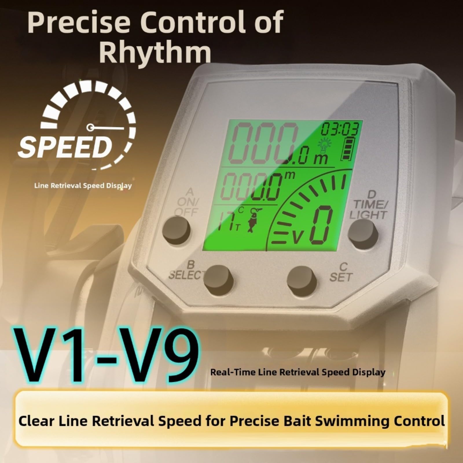 Mulinello da pesca digitale, stile baitcasting, con display a doppia temperatura/ora, rapporto di trasmissione 7,2:1, tracciamento della lunghezza della lenza, argento