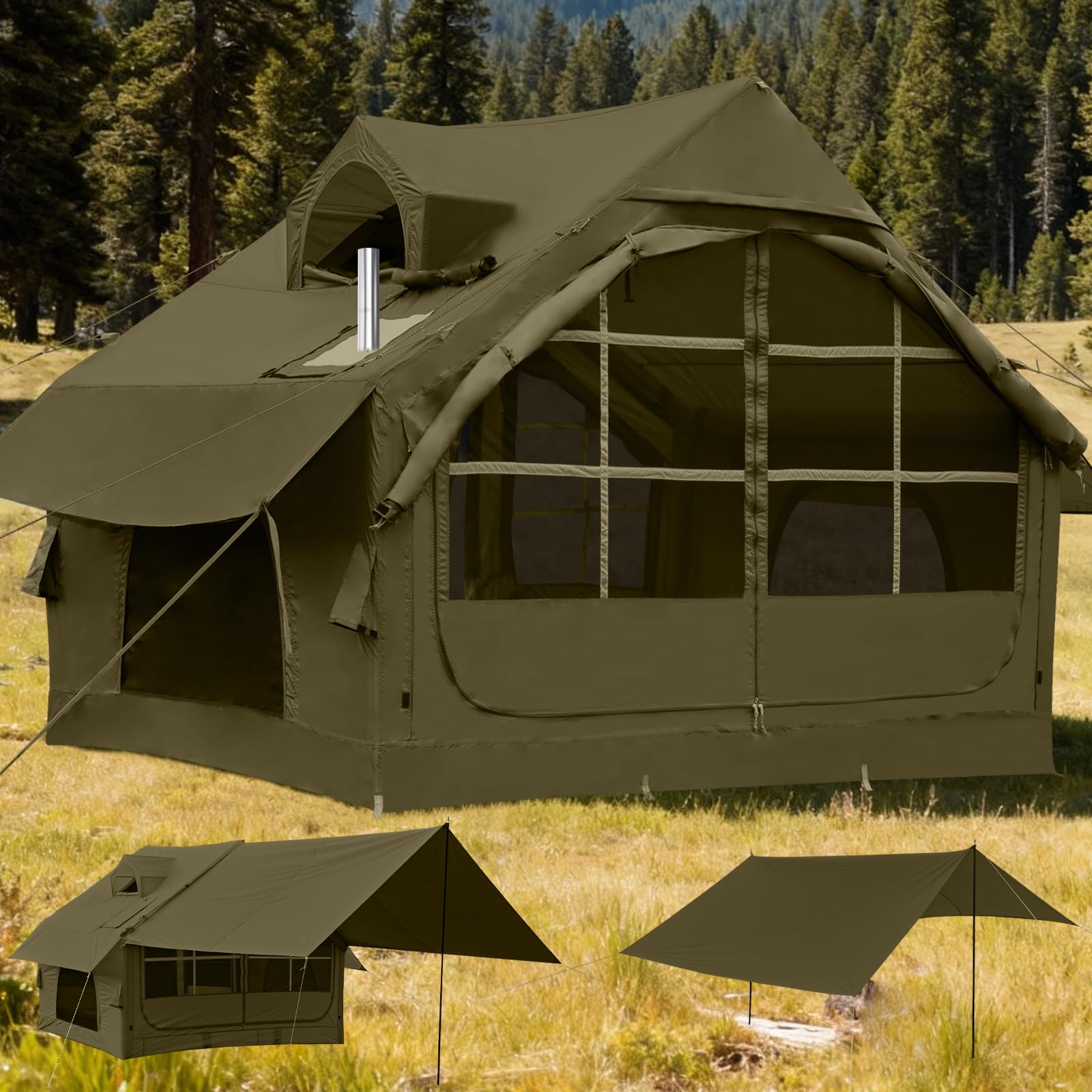 Inflatable Tents with Hand Pump Hot Tent with Stove Jack Easy Blow Up Glamping Tent with Mesh Windows, 2-4 Person Instant Family Camping Tents Waterproof for 4 Seasons