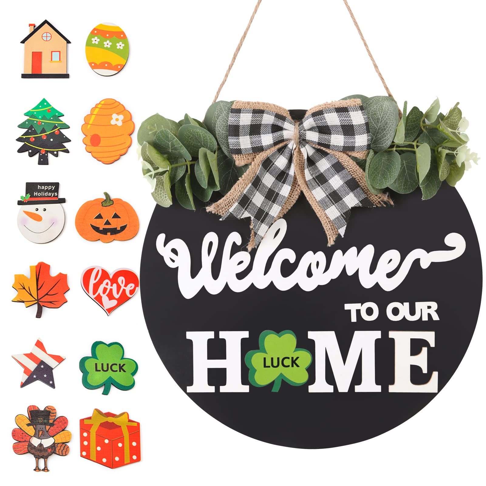 Interchangeable Welcome Sign for Front Door Decor,Welcome To Our Home Hanging Door Sign with Changeable Seasonal Icons,Wooden Welcome Home Sign for Farmhouse Front Porch Decor and Housewarming Gift