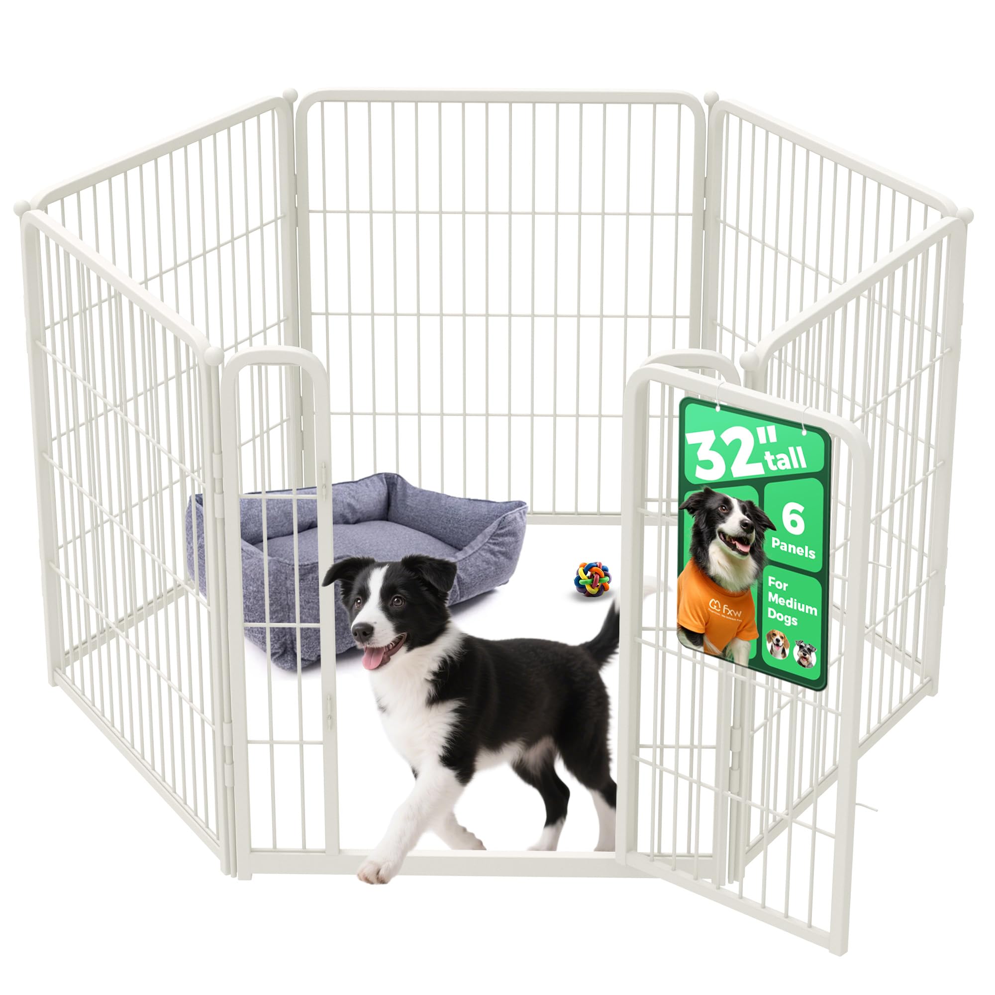 FXW Homeplus Unleashed Indoor Dog Playpen - Stress-Free and Safe Play, Heavy Duty 32 Inch 6 Panels Dog Pen for Small and Medium Dogs, White?Patented