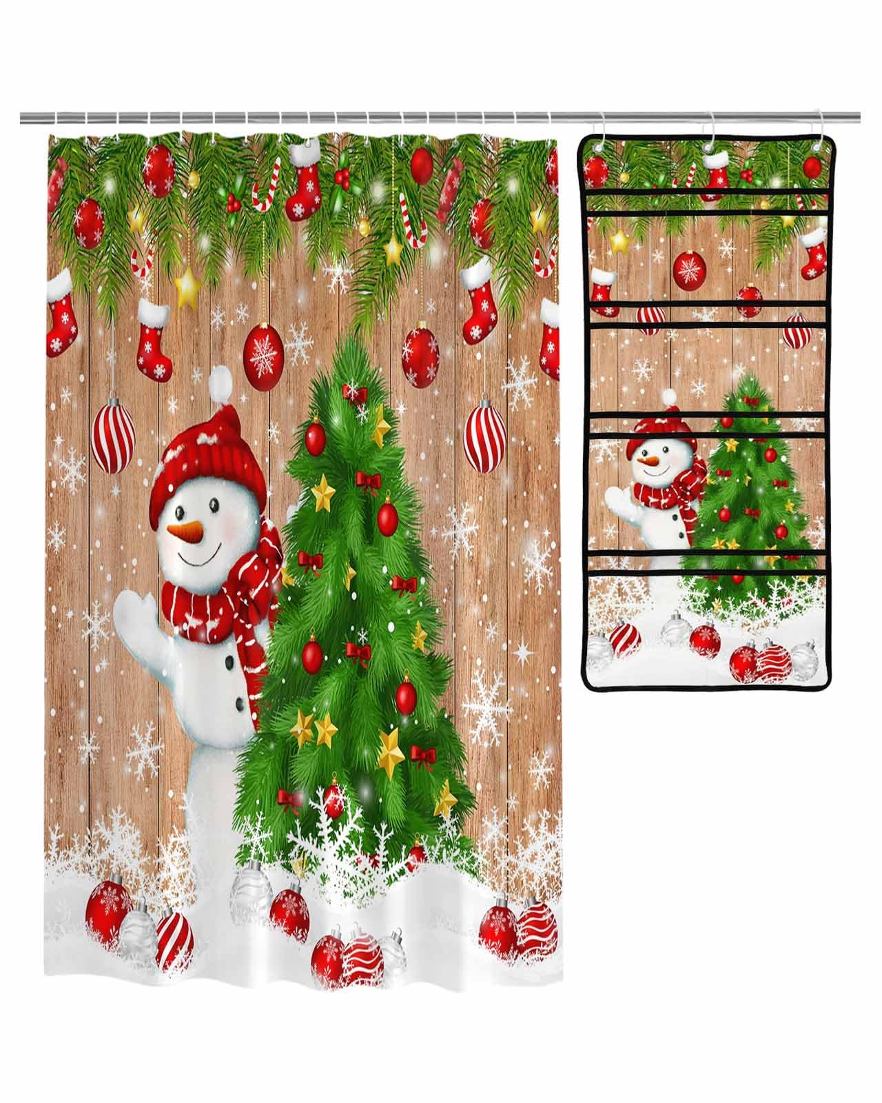 Decorative Shower Curtain Sets Christmas Snowman Fabric Shower Curtains Winter Xmas Pine Tree Balls Snowflake Wooden Grain Brown