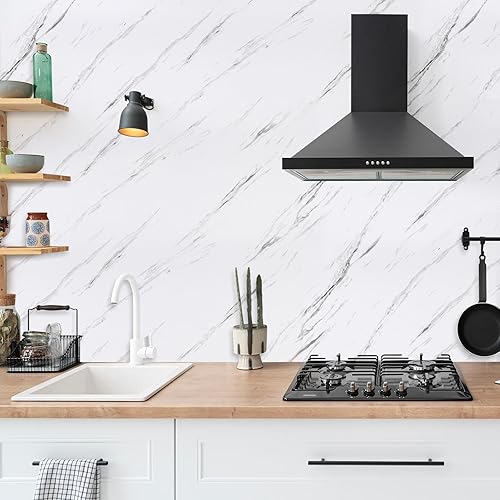 Miniatura 10 de LXCREAT Papel tapiz de mármol brillante para encimeras de 23.6 x 433 pulgadas, papel adhesivo de granito autoadhesivo grisblanco, papel de pared