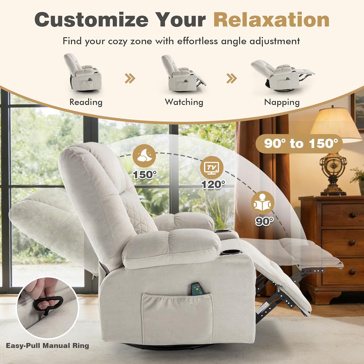 Rocker Recliner Chair with Heat and Massage, Wide Seat Overstuffed Fabric Reclining Chair for Living Room, Nursery Glider Rocking Chair Swivel Recliner with Cup Holder, White