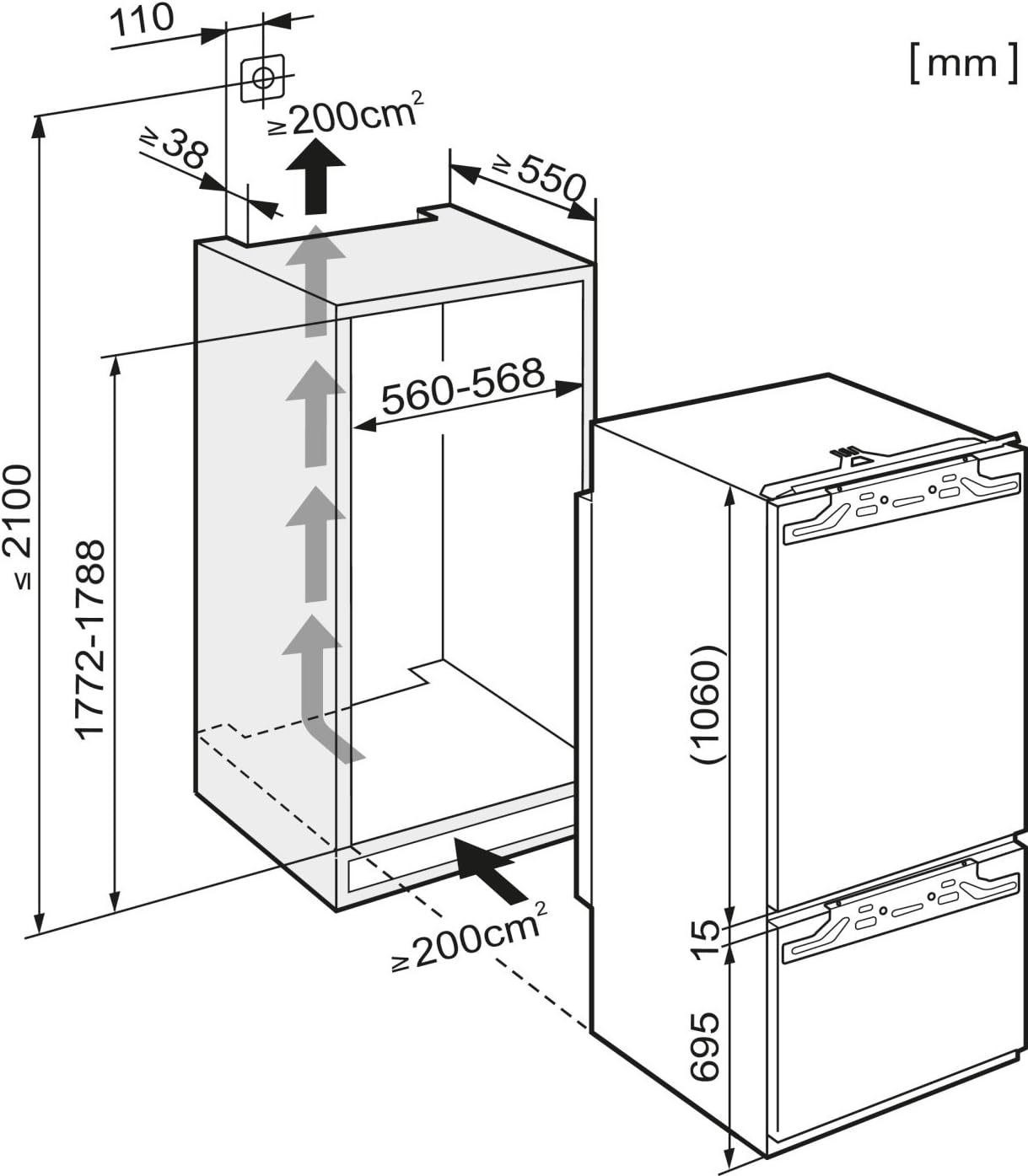 Installation dimensions for Miele KF 9723 ID-1 fridge-freezer