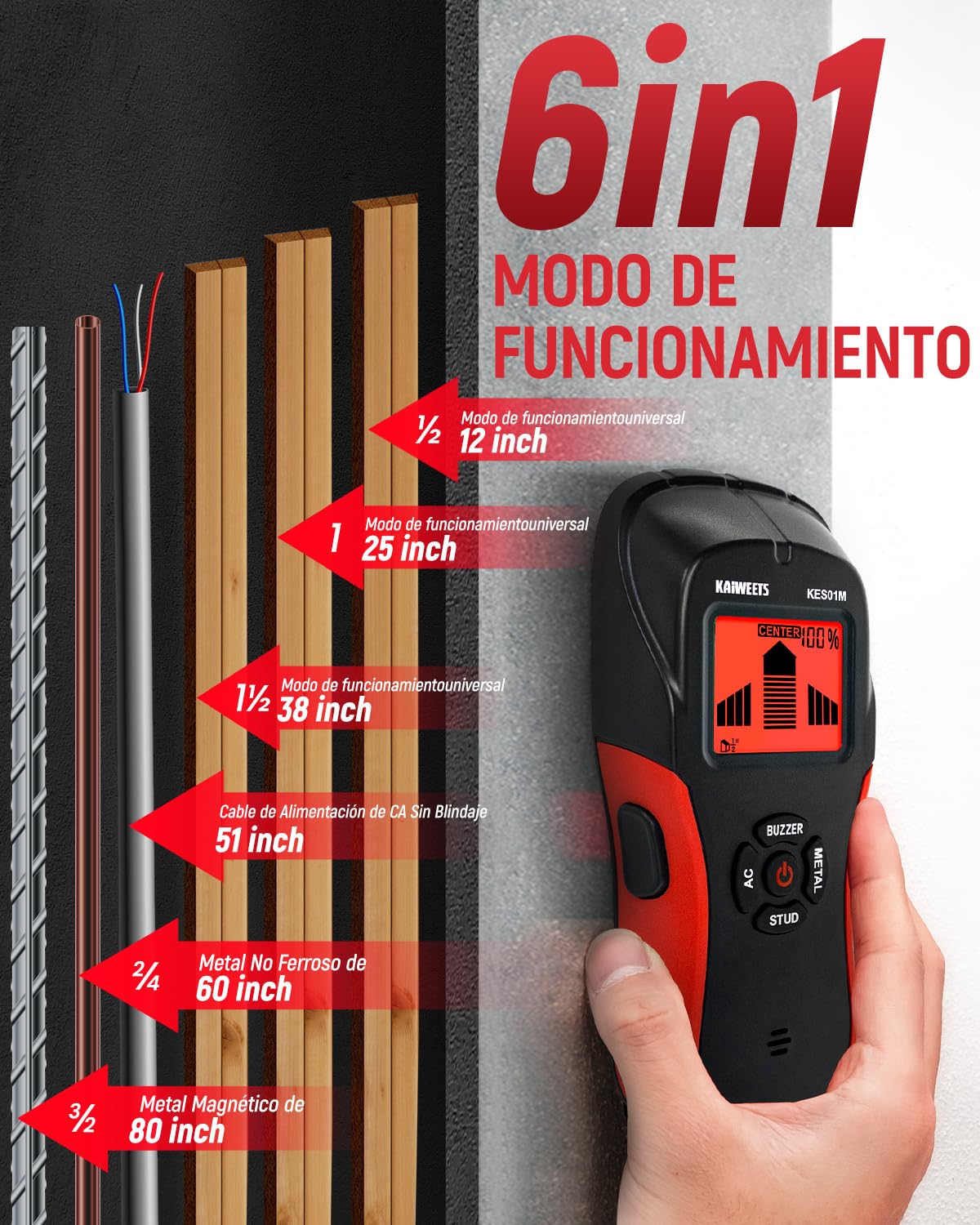 KAIWEETS Detector Cables y Tuberias, Detector Cables Pared con Alarma de Calibración, Escáner de Pared para Madera, Metal y Líneas Eléctricas (Negro)