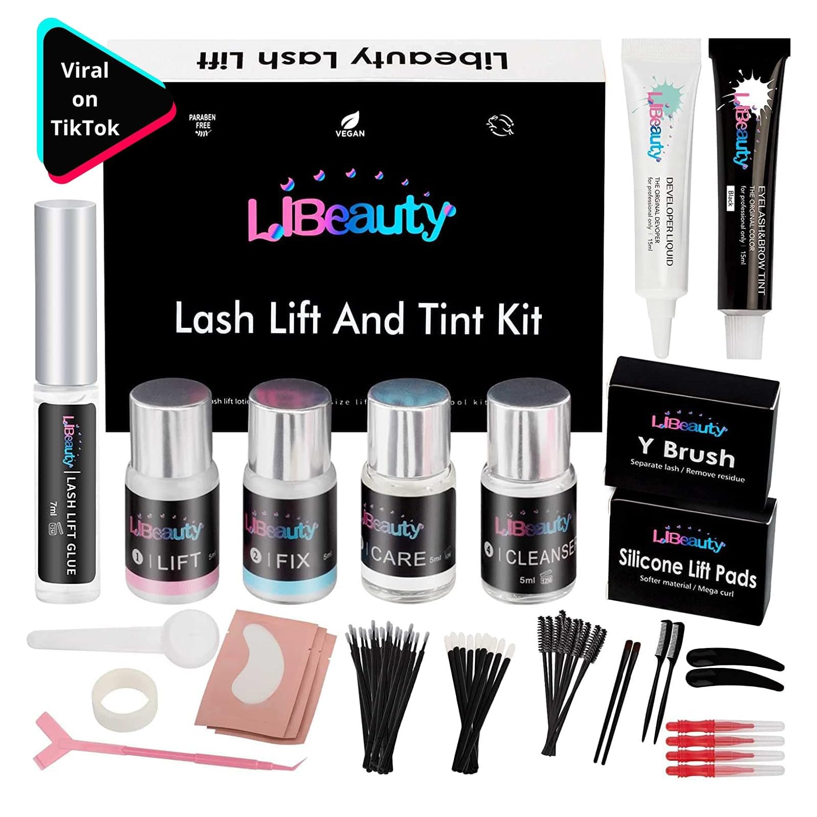 Libeauty Eyelash Lift and Tint Kit, Lash Perm & Brow Lamination with Black Dye 4 in 1 Kit, Salon Result Lasts 6 Weeks, Included Tools and Manual - 5ml/bottle