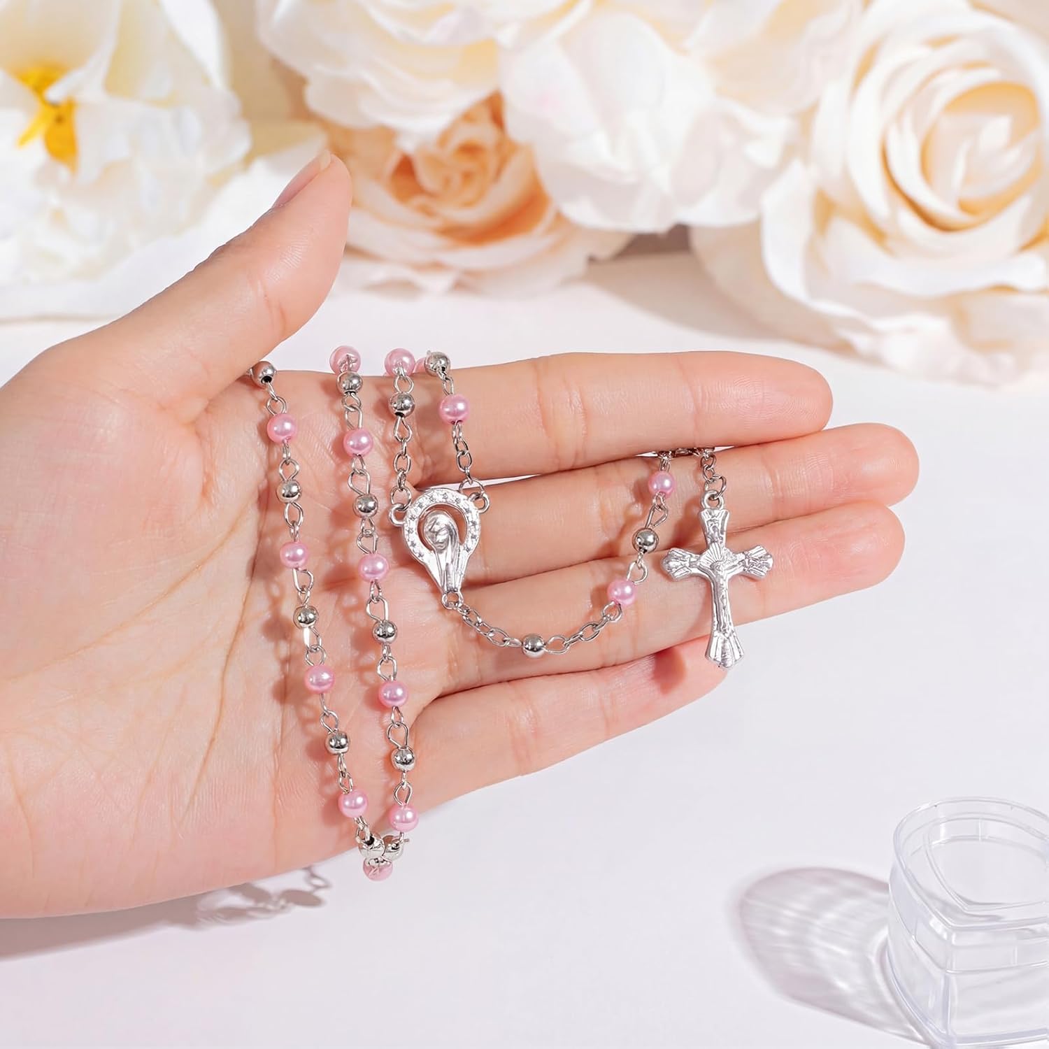 ROCEEI Catholic Rosary Necklace 4 mm Glass Beads Rosary Favors Crucifix Prayer with Faux Pearl with Heart Shaped Box and Organza Bag for First Communion Baptism