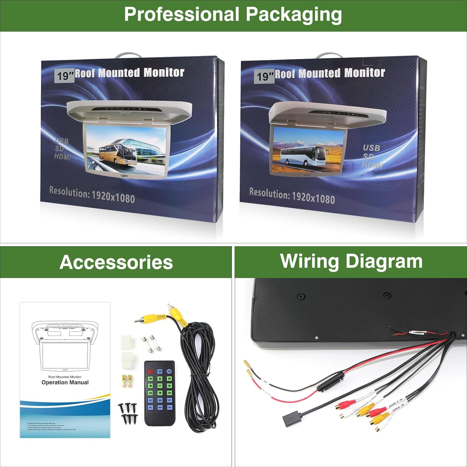 Car Overhead Player RicoRich 19.5 Inch Wide IPS Screen16:9 Video Car Roof Mount Monitor Flip Down Overhead Car Monitor with HDMI IR FM USB SD (No DVD)