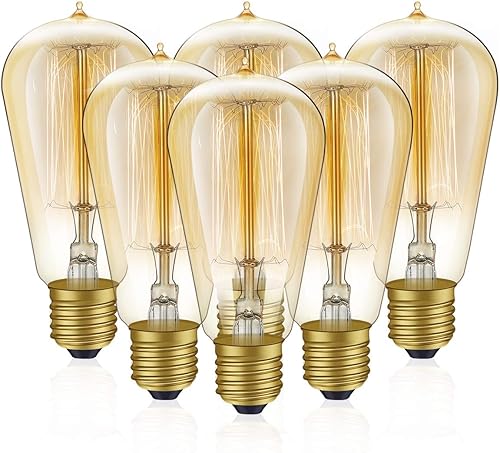 Miniatura 1 de HESSION Paquete de 6 bombillas Edison, bombillas Edison vintage de 60 W, bombillas Edison de filamento de jaula de ardilla, base E26, vidrio ámbar