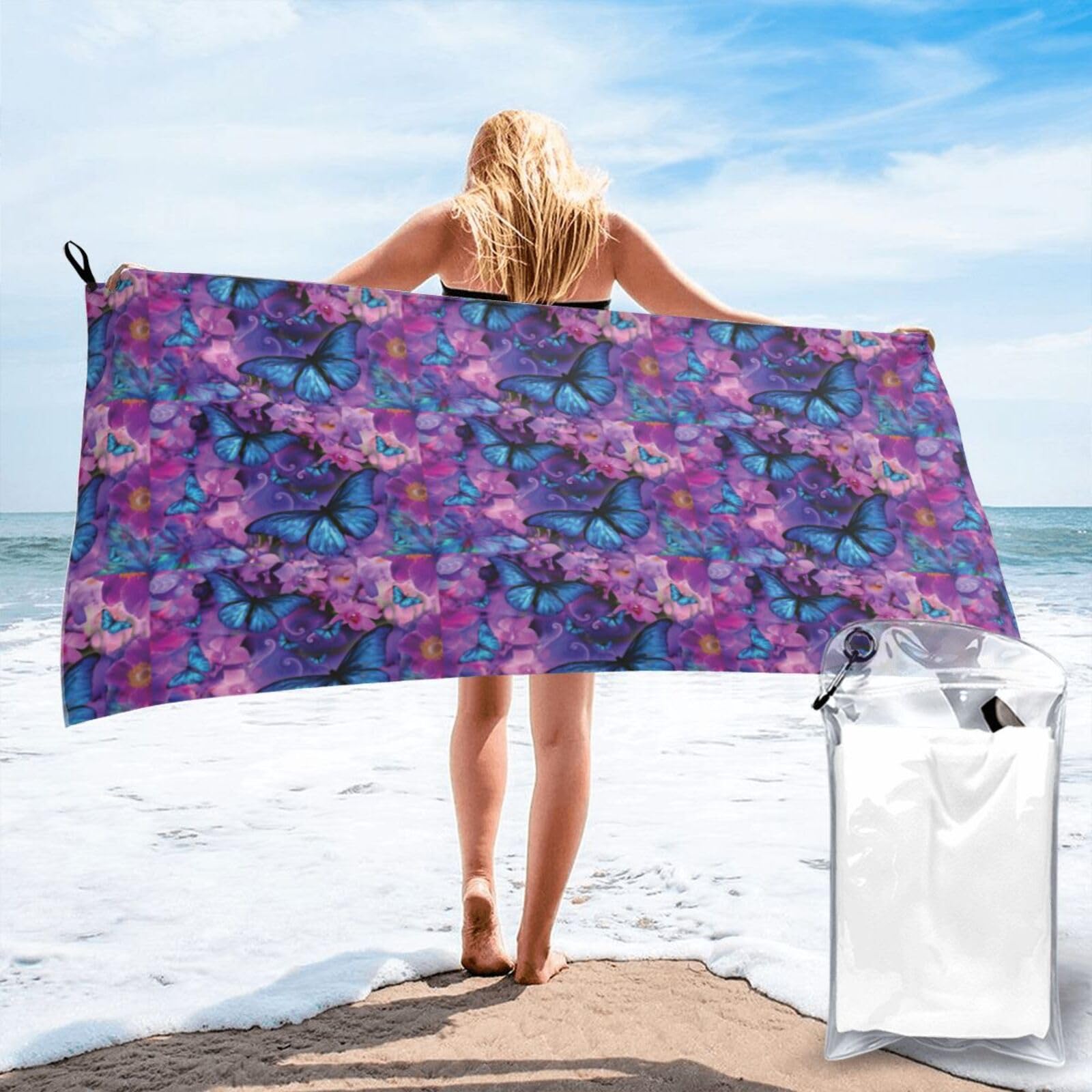 Jiuty White Butterfly Print Fast Dry Beach Towel Portable For Swimming Travel Gym Hiking Gift