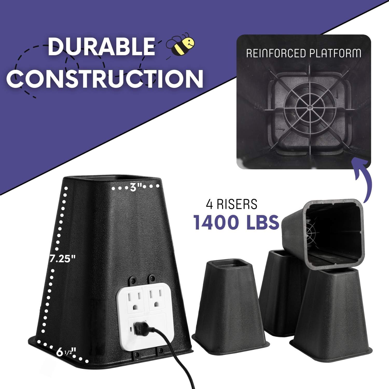 Bee Neat 7.25 Inch Bed Riser - Furniture Lifts for Dorm, Tables, Chairs, Sofa Legs - Heavy Duty Furniture Support Blocks - Height Extender - Supports Over 350 lbs - with USB - Black, Set of 4