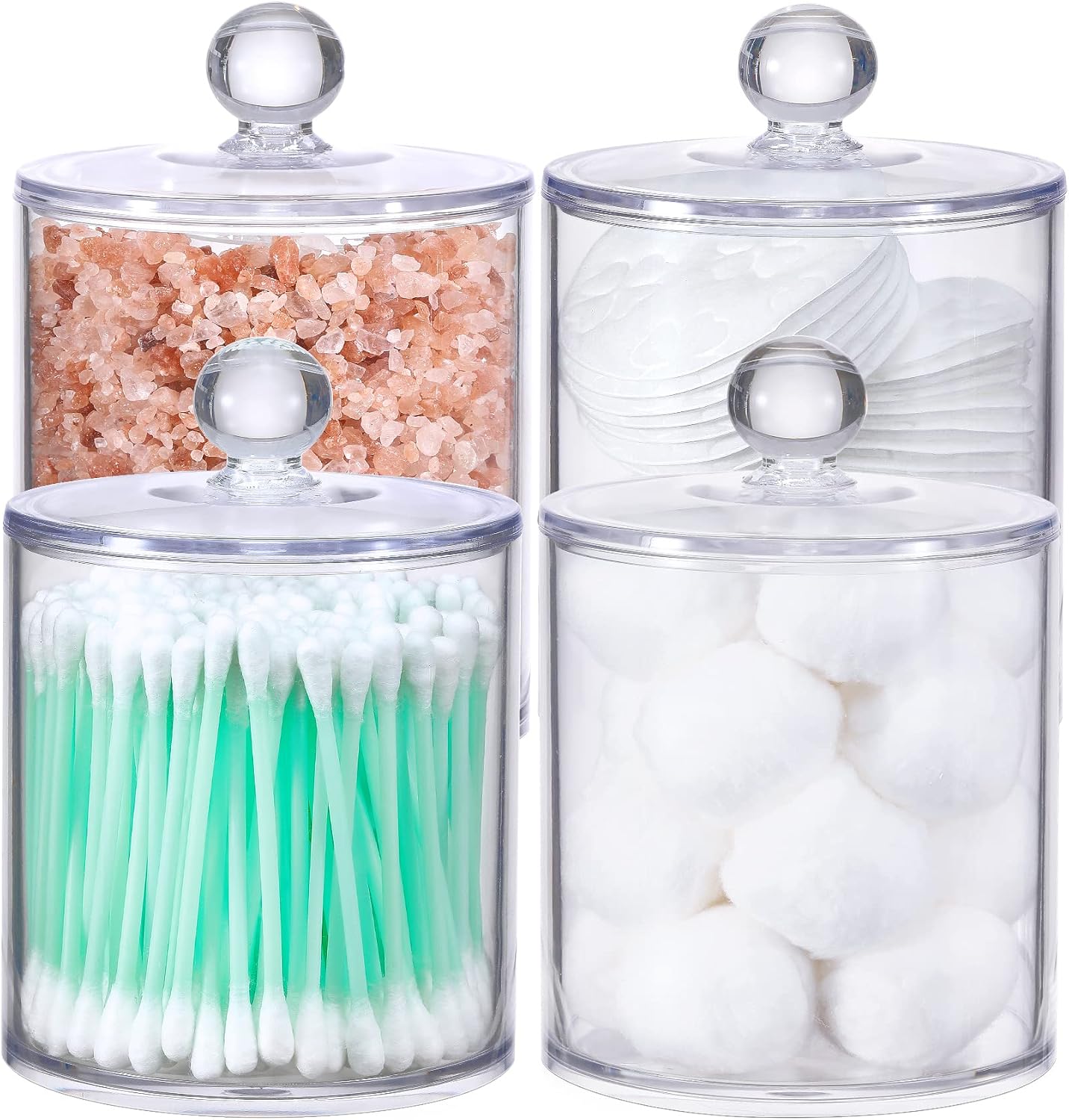 AOZITA 4 Pack 18 OZ Qtip Holder Dispenser for Cotton Ball, Cotton Swab, Cotton Round Pads, Floss - Clear Plastic Apothecary Jar Set for Bathroom Canister Storage Organization, Vanity Makeup Organizer
