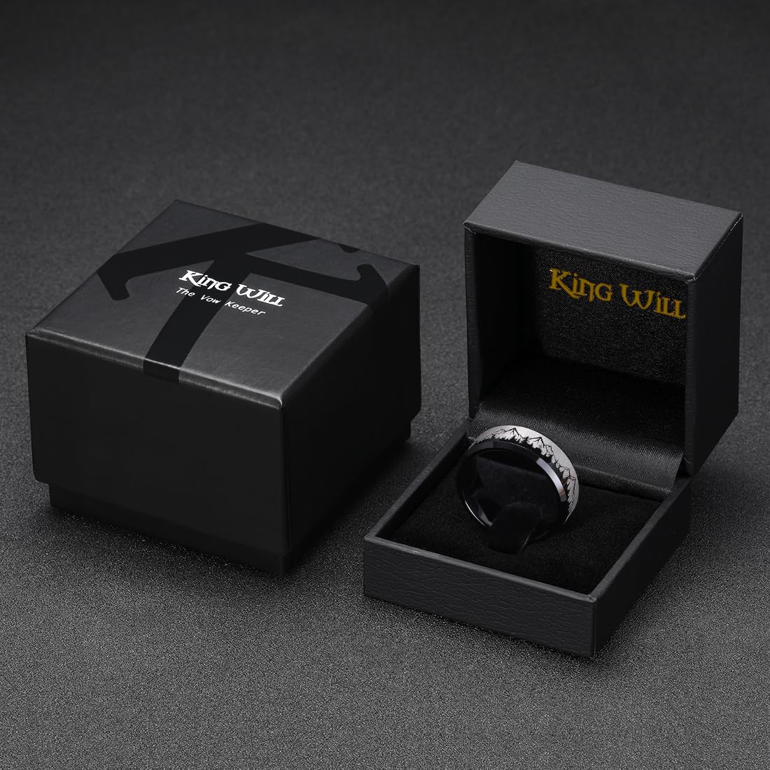 King Will 8mm Herren Ehering Schwarz Beschichteter Wolfram Trauring für Männer mit Berg- und Baum-Lasergravur, Naturkollektion