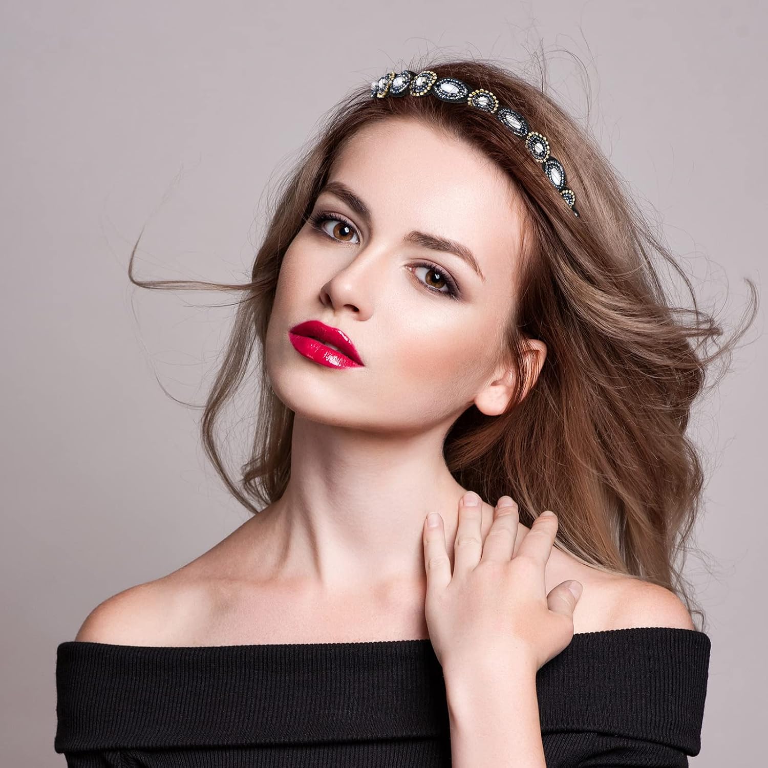 Jutom 6 Pack Rhinestone Beaded Headbands for Women, Elastic Rhinestone Hairbands Hair Accessories, Stretchy Fashionable Crystal Hairbands for Back to School Prom, Women Girls Birthday Gift