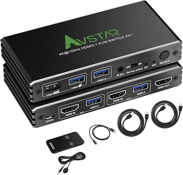8K@60Hz 4K@120Hz HDMI 2.1 KVM Switch with USB 3.0 2 in 1 Out, 2 Port KVM Switch for 2 Computers 1 Monitor, 2 PCs Share 1 Set of Keyboard, Mouse, Printer for Mac, Windows, IR Extension Remote
